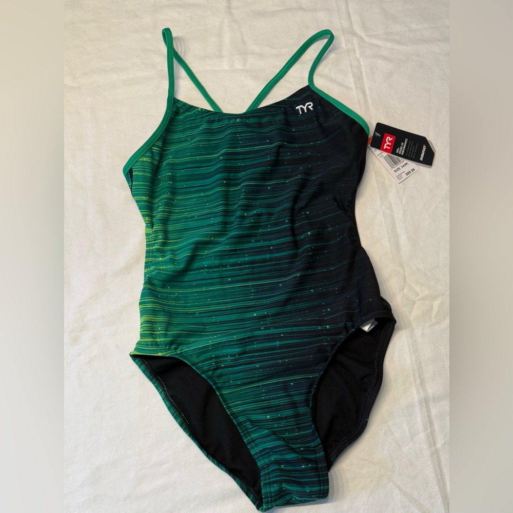 TYR Green and Black One Piece Athletic Swimsuit Cut Out Fit NWT Size 34 Medium